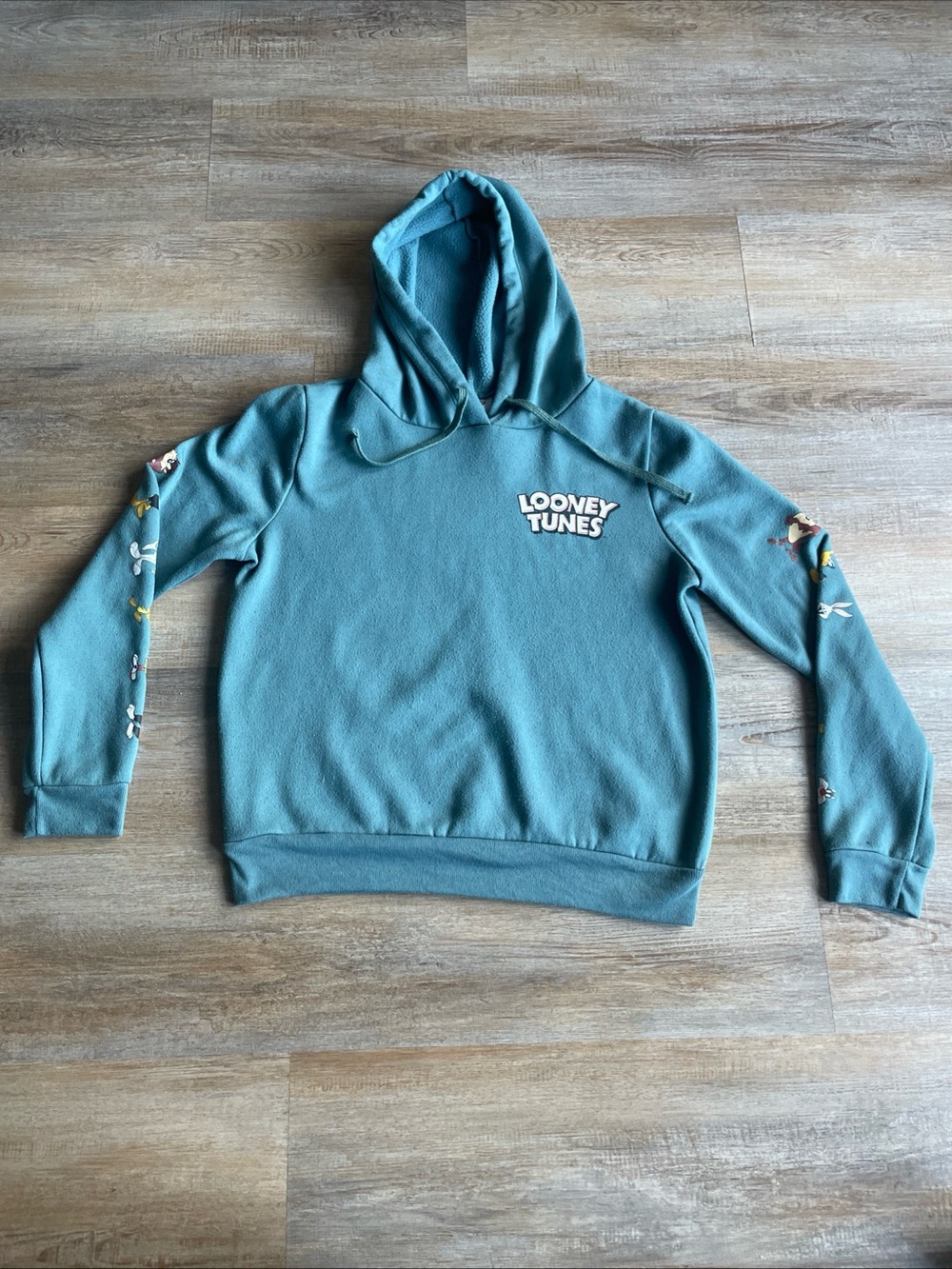 Looney Tunes Pullover Teal Hoodie Size Small With Graphic Characters On Sleeves